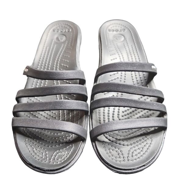 CROCS RHONDA Size 6 Black Strappy Wedge Slip On Sandals; Preloved - Picture 4 of 4